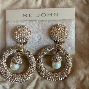 St. John Vintage Gold w/Rhinestones & Pearl Doorknocker Dangle Clip Earrings